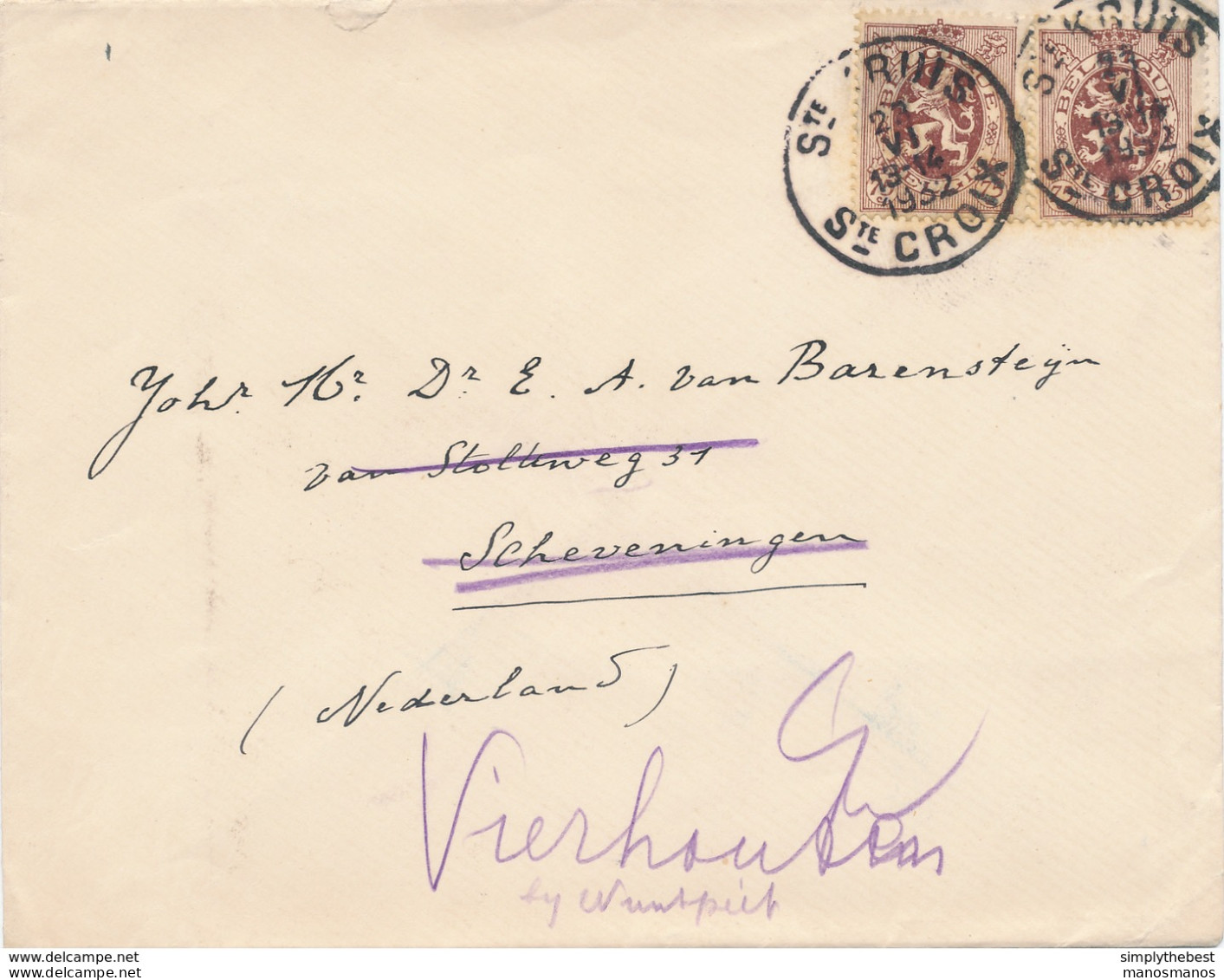 655/28 - Enveloppe 2 X TP Lion Héraldique ST KRUIS STE CROIX 1932 Vers SCHEVENINGEN NL - Tarif Préférentiel NL - 1929-1937 Heraldischer Löwe