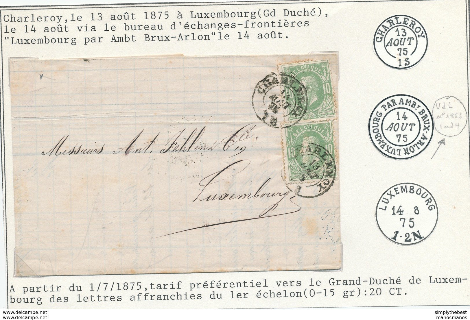 675/28 -  Lettre TP 30 X 2 CHARLEROY 1875 Vers Luxembourg - Marque D'échange LUXEMBOURG Par AMBT BRUX-ARLON - Doorgangstempels