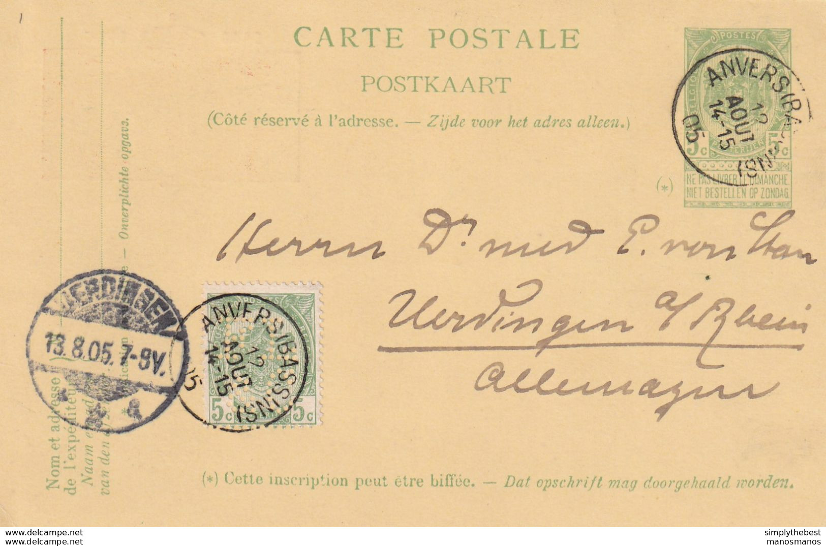 DDX 671 --  Entier Postal Armoiries + TP Dito PERFORE F.L. § C. ANVERS Bassins 1905 Vers URDINGEN Allemagne - 1863-09