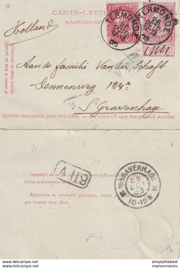 DDX 661 --  Carte-Lettre Fine Barbe + TP Dito TERMONDE 1903 Vers Den Haag - TARIF PREFENTIEL NL à 20 C. - Cartes-lettres