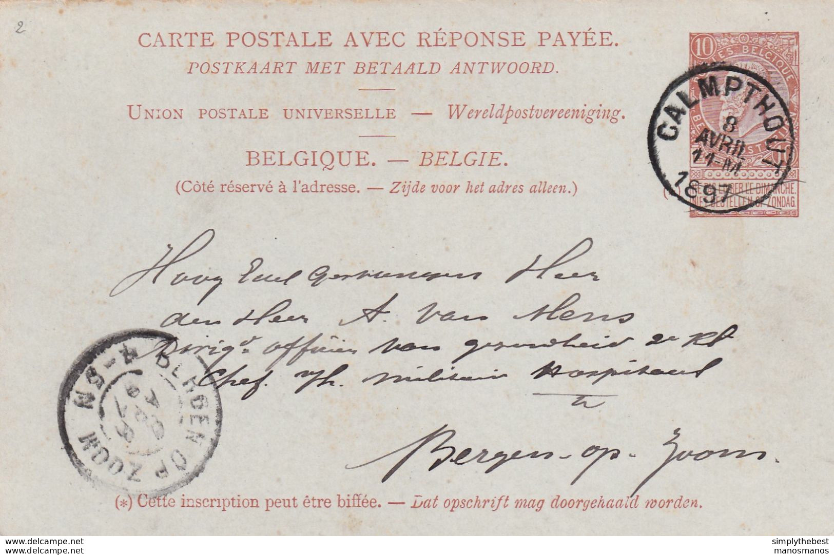 DDX 658 --  Entier Postal Fine Barbe CALMPTHOUT 1897 Vers BERGEN OP ZOOM - COBA 8 S/TP Détaché - Postkarten 1871-1909
