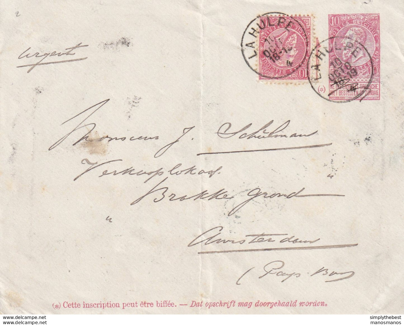 DDX 673 --  Entier Enveloppe Fine Barbe LA HULPE 1904 Vers AMSTERDAM - TARIF PREFERENTIEL NL 20 C. - Covers