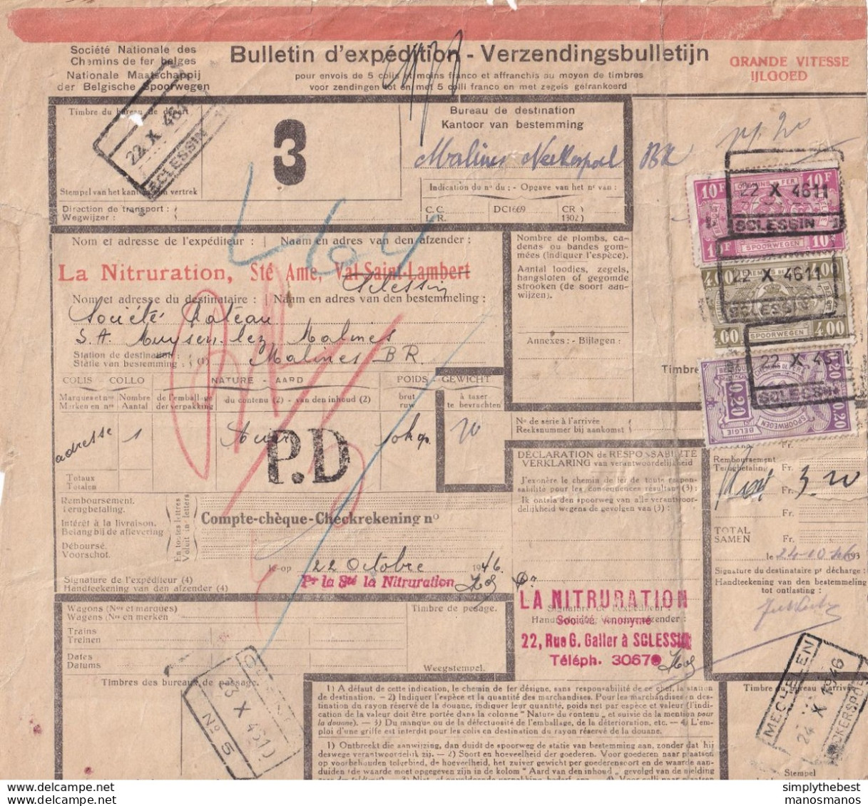 DDX 394  --  NORD BELGE - Lettre De Voiture Timbrée Cachet Gratté (Nord Belge) SCLESSIN 1 En 1945 - Nord Belge