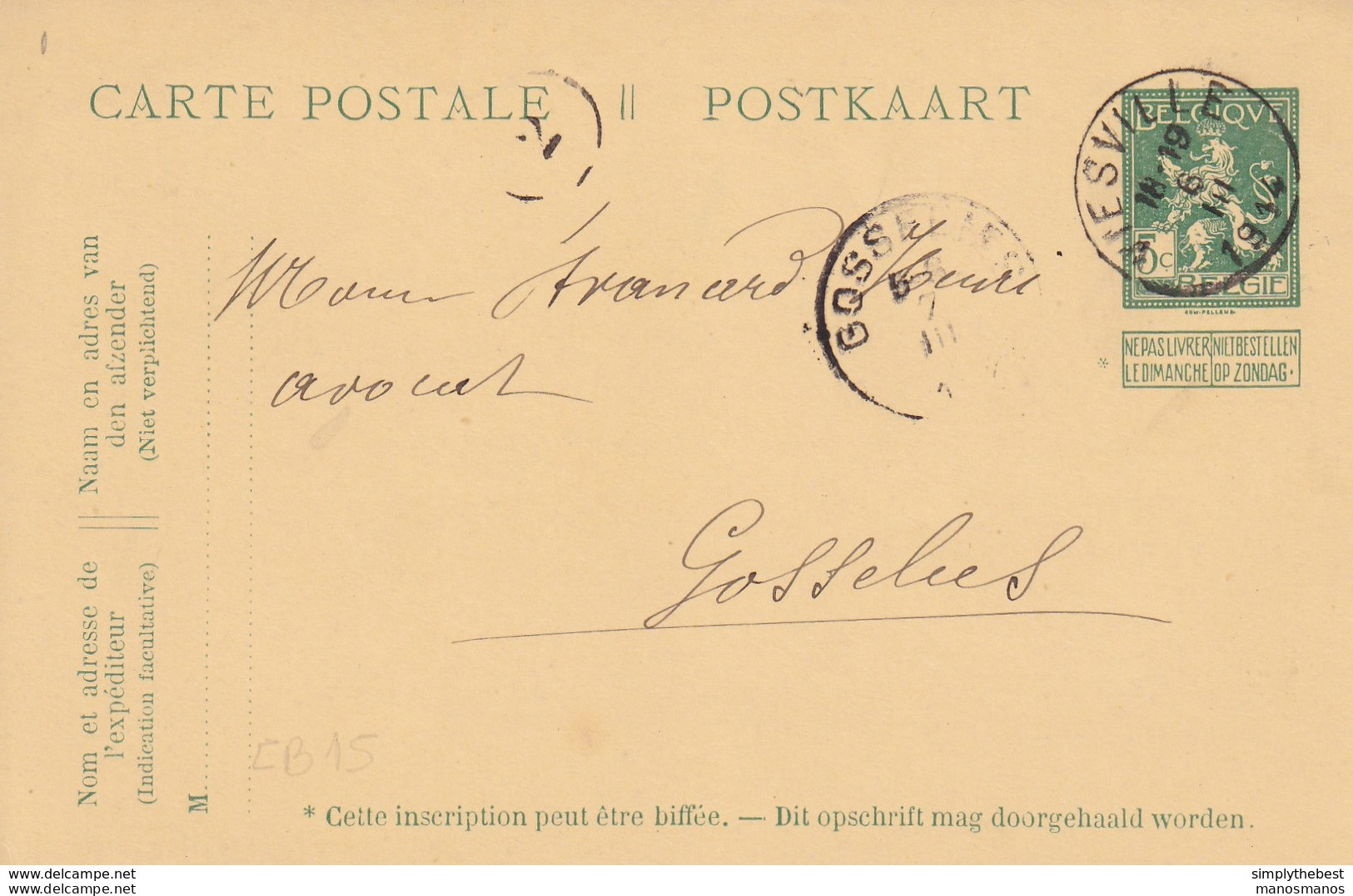 742/26 -- Entier Postal Pellens T2R VIESVILLE 1914 Vers Gosselies - Tarjetas 1909-1934
