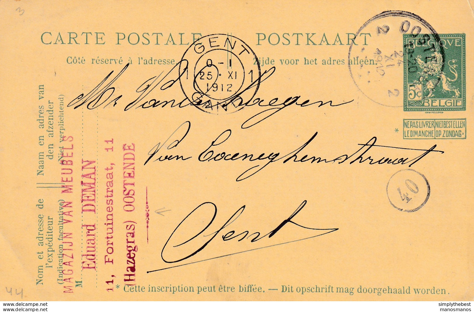 747/26 -- Entier Postal Pellens T4R OOSTENDE 1912 à GENT - Cachet  Magazijn Van Meubels Eduard Deman , HAZEGRAS OOSTENDE - Cartes Postales 1909-1934