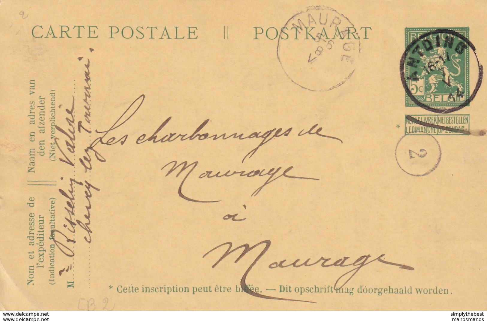 731/26 -- Entier Postal Pellens T2R ANTOING 1914 Vers MAURAGE ( Dateur Sans Année) - Signé Risselin , Agent à CHERCQ - Tarjetas 1909-1934