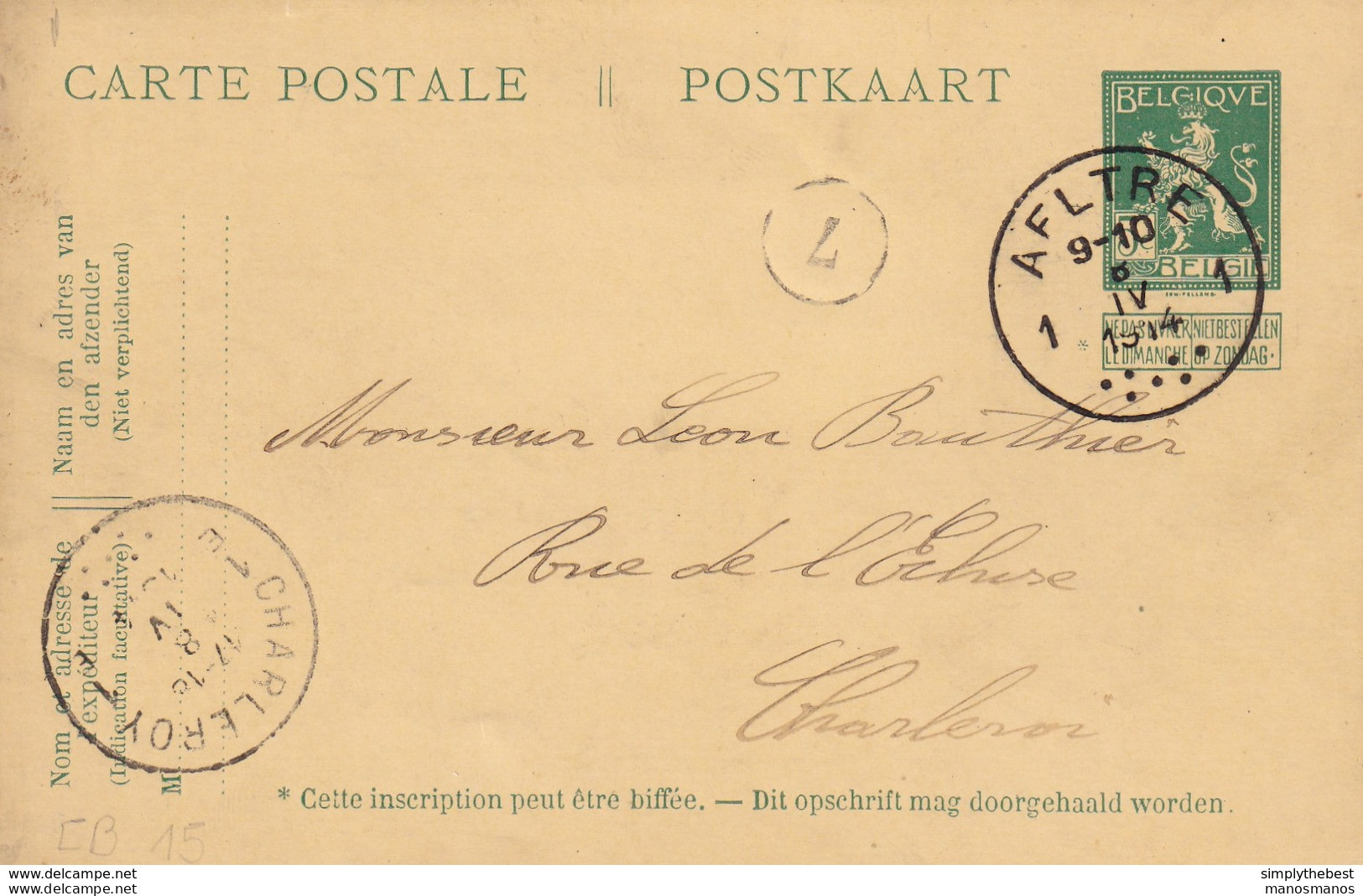 727/26 -- Entier Postal Pellens T4R AELTRE 1914 Vers CHARLEROY - Signé Dierickx - Postcards 1909-1934