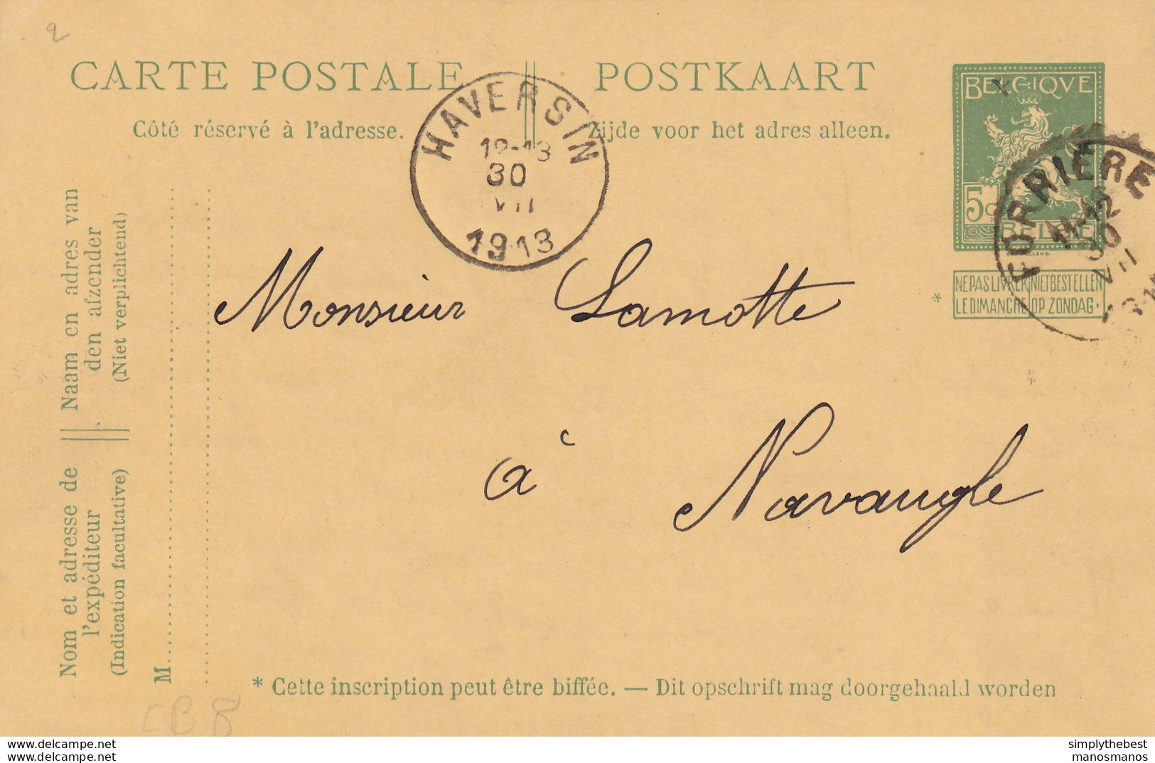 732/26 -- Entier Postal Pellens T2R FORRIERE 1913 Vers NAVAUGLE Via HAVERSIN - Signé Jean Péché à LISTERNY - Cartes Postales 1909-1934