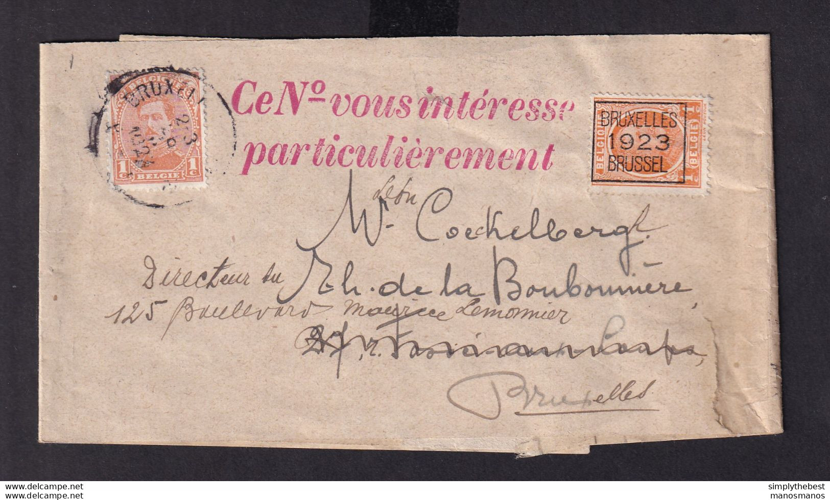 DDZ 467 -- Bande D' IMPRIME TP Houyoux PREO BRUXELLES 1923 , Réexpédiée Avec TP Albert 1 C BRUXELLES 1923 - Typo Precancels 1922-31 (Houyoux)