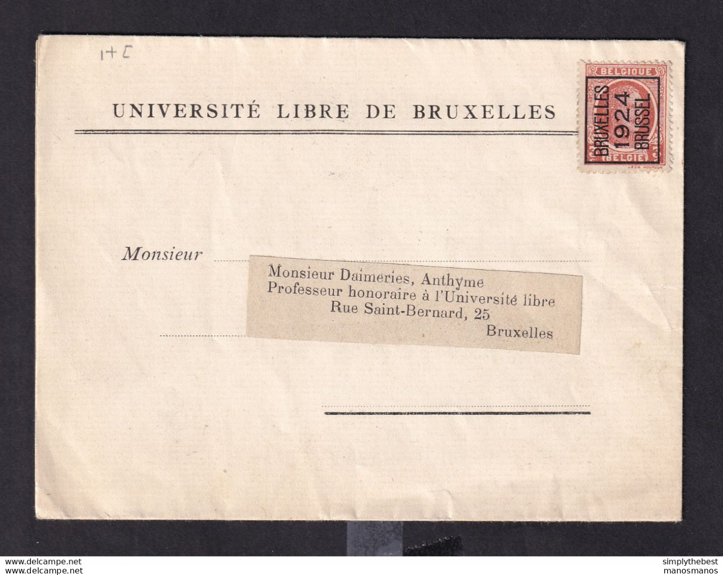 DDZ 471 -- IMPRIME TP Houyoux PREO BRUXELLES 1924 - Entete Et Contenu Conférences De L' UNIVERSITE LIBRE DE BXL - Tipo 1922-31 (Houyoux)