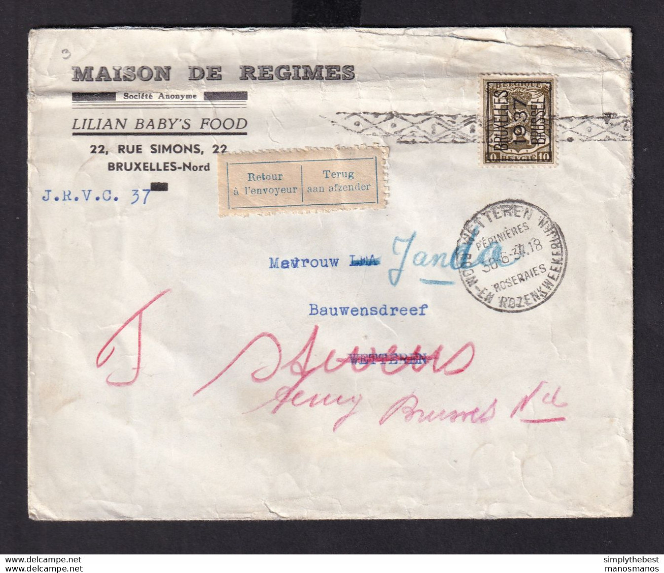 DDZ 475 -- Enveloppe D'' IMPRIME TP PREO Petit Sceau 1937 Vers WETTEREN- Etiquettes INCONNU Et Retour Envoyeur - Typos 1936-51 (Petit Sceau)