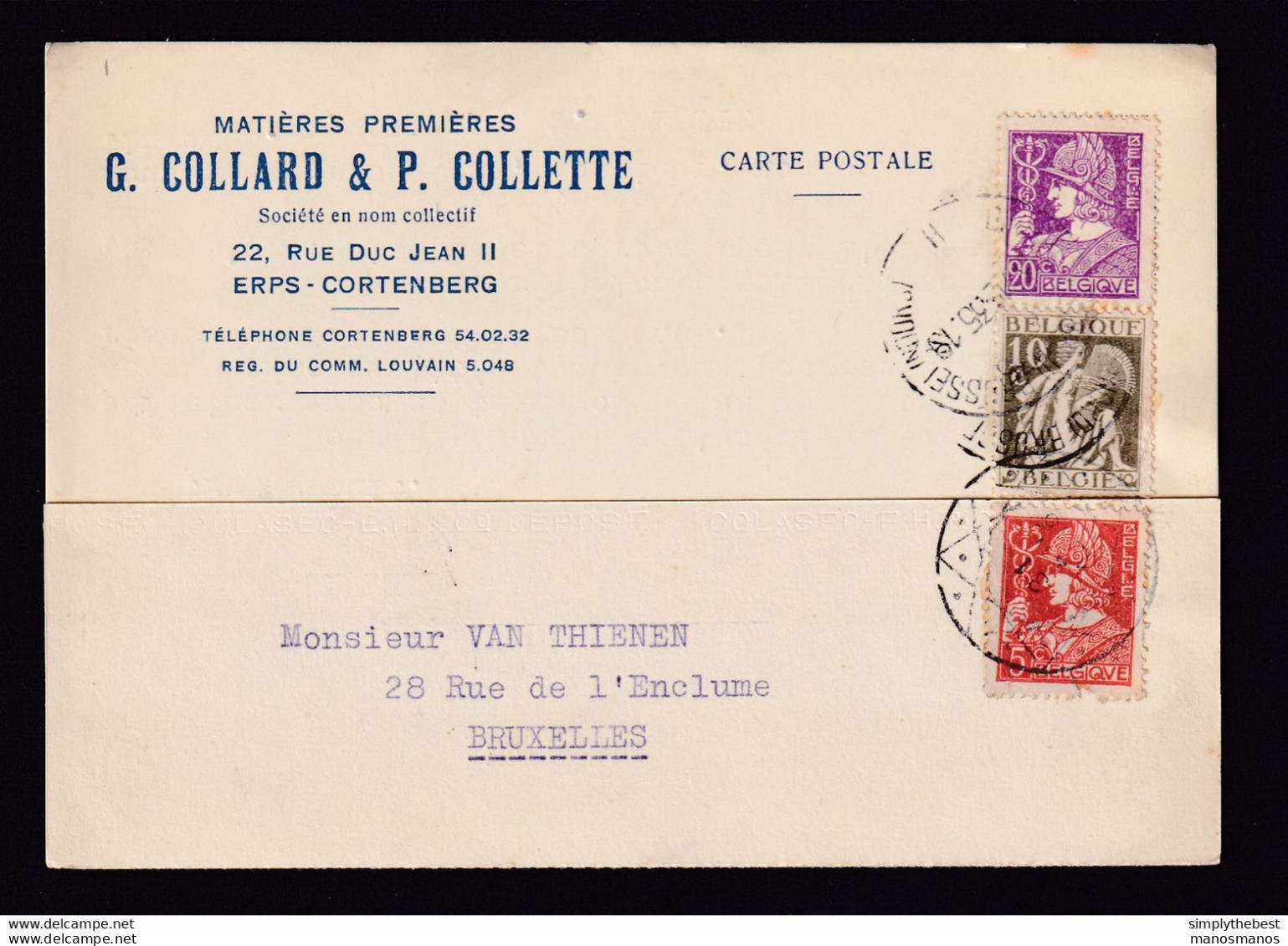 DDZ 184 --  Carte Privée TP Cérès/Mercure TRICOLORE BXL Nord + Cachet Diamant 1935 - Entete Collard Et Collette à ERPS - 1932 Ceres Und Mercure