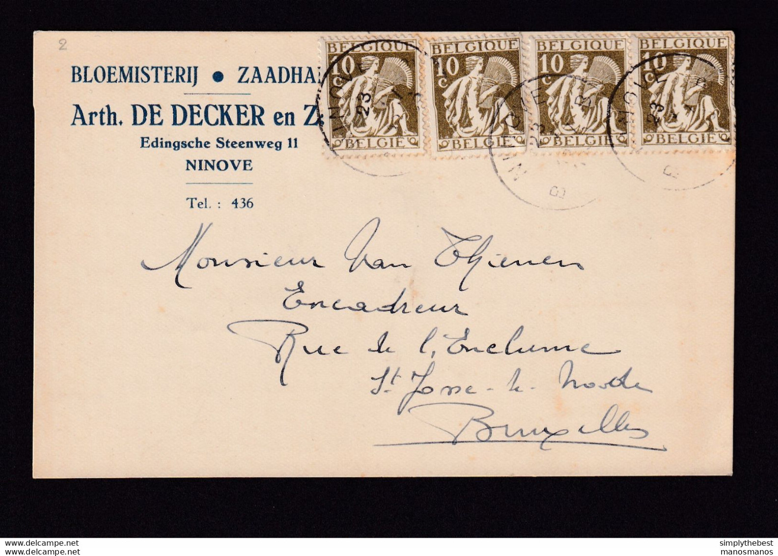 DDZ 188 -- Carte Privée TP Cérès 337 En MULTIPLE De 4 NINOVE 1936  - Entete Bloemisterij Zaadhandel De Decker NINOVE - 1932 Ceres E Mercurio