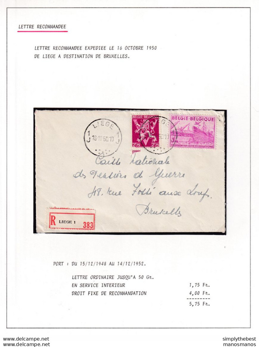 DDY 875 -- Courrier RECOMMANDE - Enveloppe TP Exportation + Lion V LIEGE 1950 Decrite Sur Feuille D'Album - 1948 Exportación
