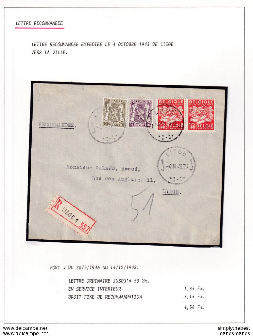 DDY 872 -- Courrier RECOMMANDE - Enveloppe TP Exportation LIEGE 1948 Decrite Sur Feuille D'Album - 1948 Export