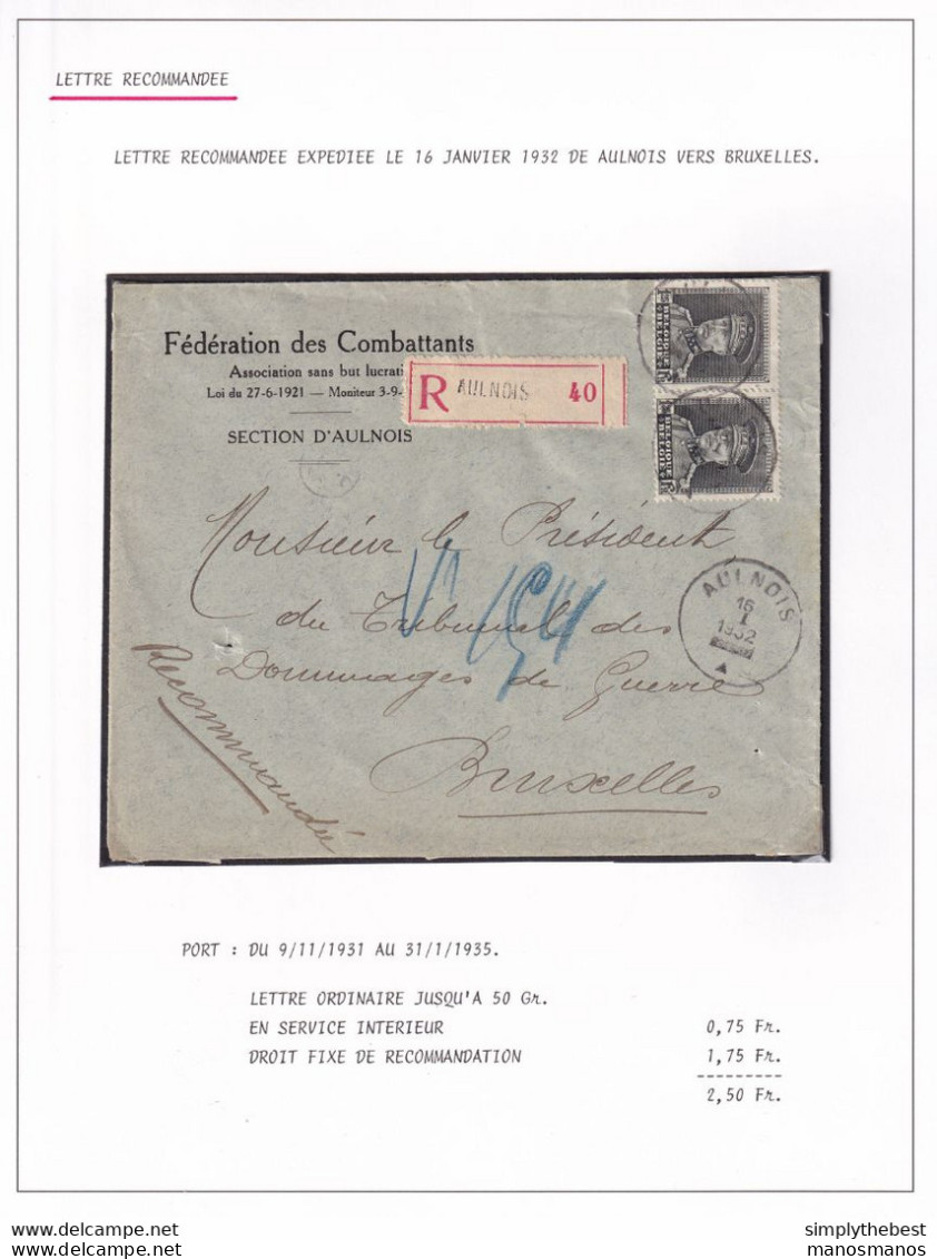 DDY 855 -- Courrier RECOMMANDE - Enveloppe Paire TP Képi AULNOIS Vers BXL 1932 - Entete Fédération Des Combattants - 1931-1934 Kepi