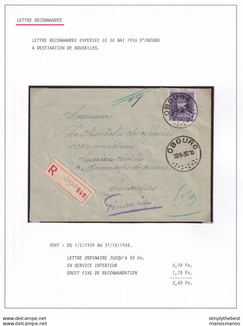 DDY 858 -- Courrier RECOMMANDE - Enveloppe TP Képi OBOURG Vers BXL 1936 - 1931-1934 Kepi