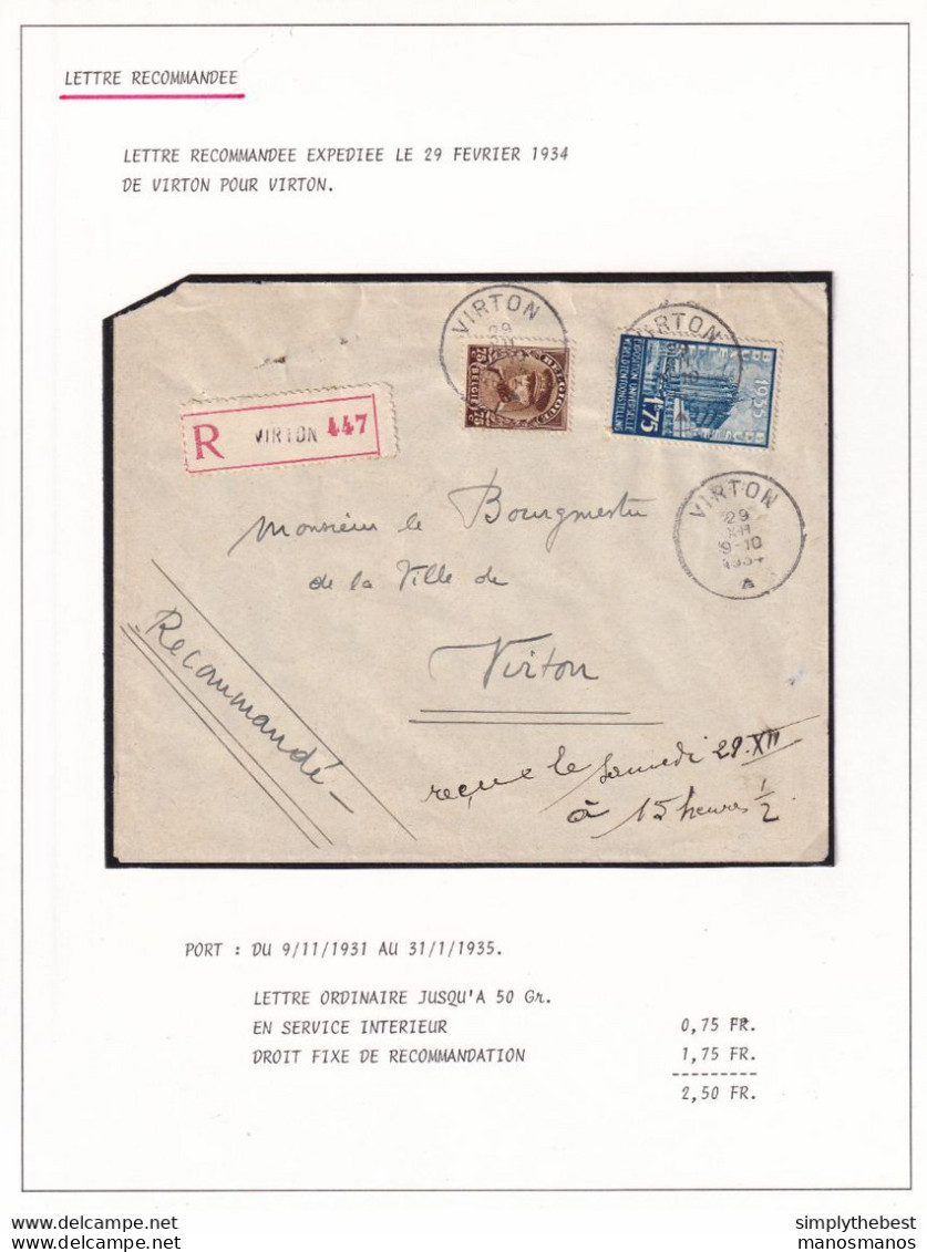 DDY 856 -- Courrier RECOMMANDE - Enveloppe TP Képi + Expo (BXL 35)  VIRTON En Locale 1934 - 1931-1934 Kepi
