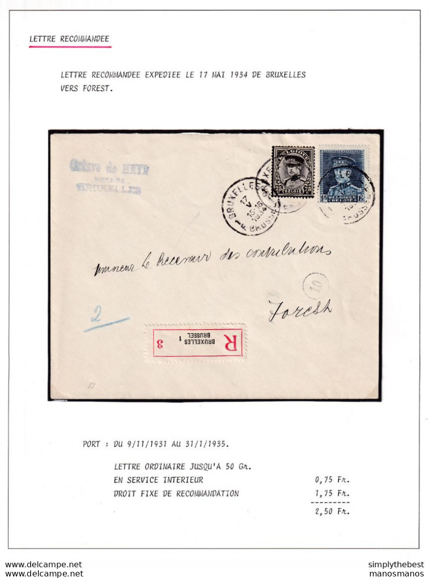 DDY 857 -- Courrier RECOMMANDE - Enveloppe TP Képi , Dont Deuil BRUXELLES  Locale 1934 - Cachet Octave De Heyd , Notaire - 1931-1934 Kepi