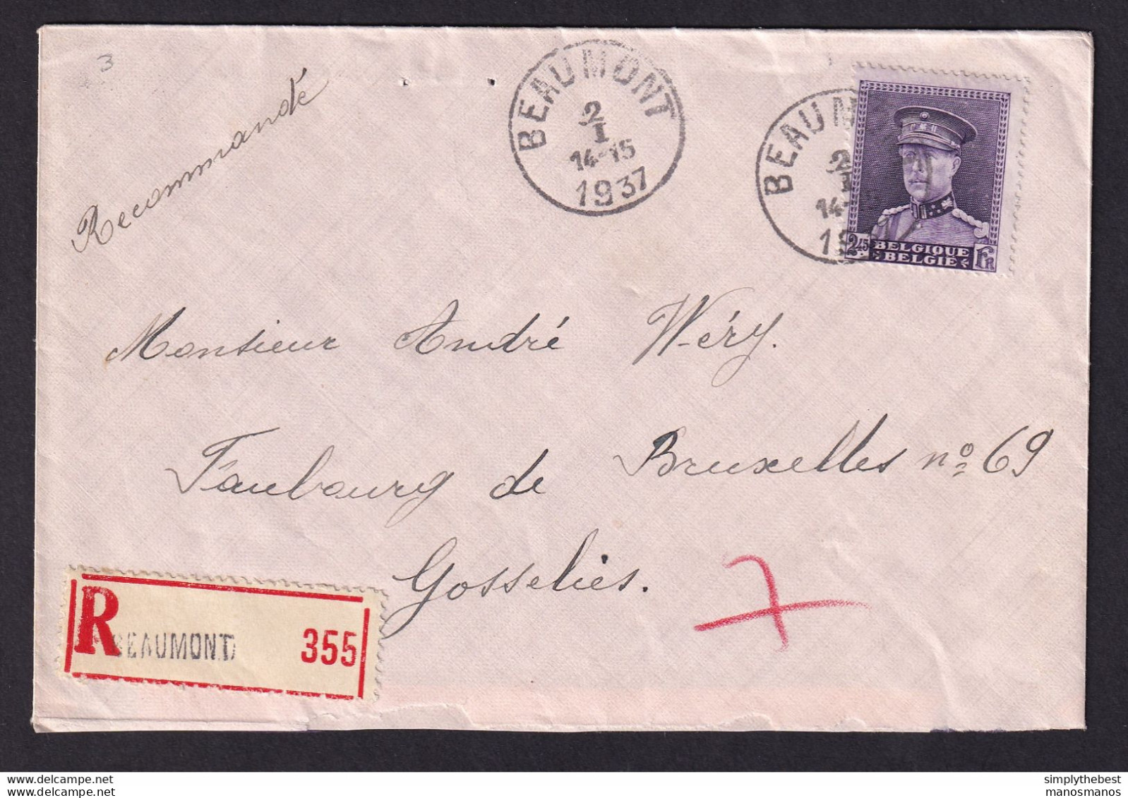 DDY 890 -- Courrier RECOMMANDE - Enveloppe TP Képi BEAUMONT 1937 Vers GOSSELIES - Origine THIRIMONT - 1931-1934 Kepi