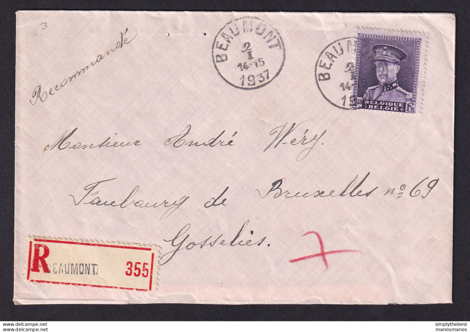 DDY 890 -- Courrier RECOMMANDE - Enveloppe TP Képi BEAUMONT 1937 Vers GOSSELIES - Origine THIRIMONT - 1931-1934 Képi