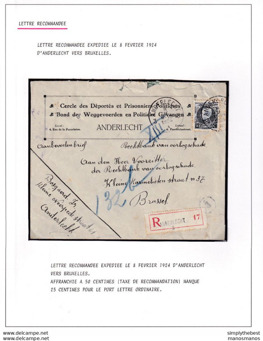 DDY 843 -- Courrier RECOMMANDE - Enveloppe TP Montenez ANDERLECHT 3 Vers BXL 1924 - Entete Cercle Des Déportés - 1921-1925 Petit Montenez