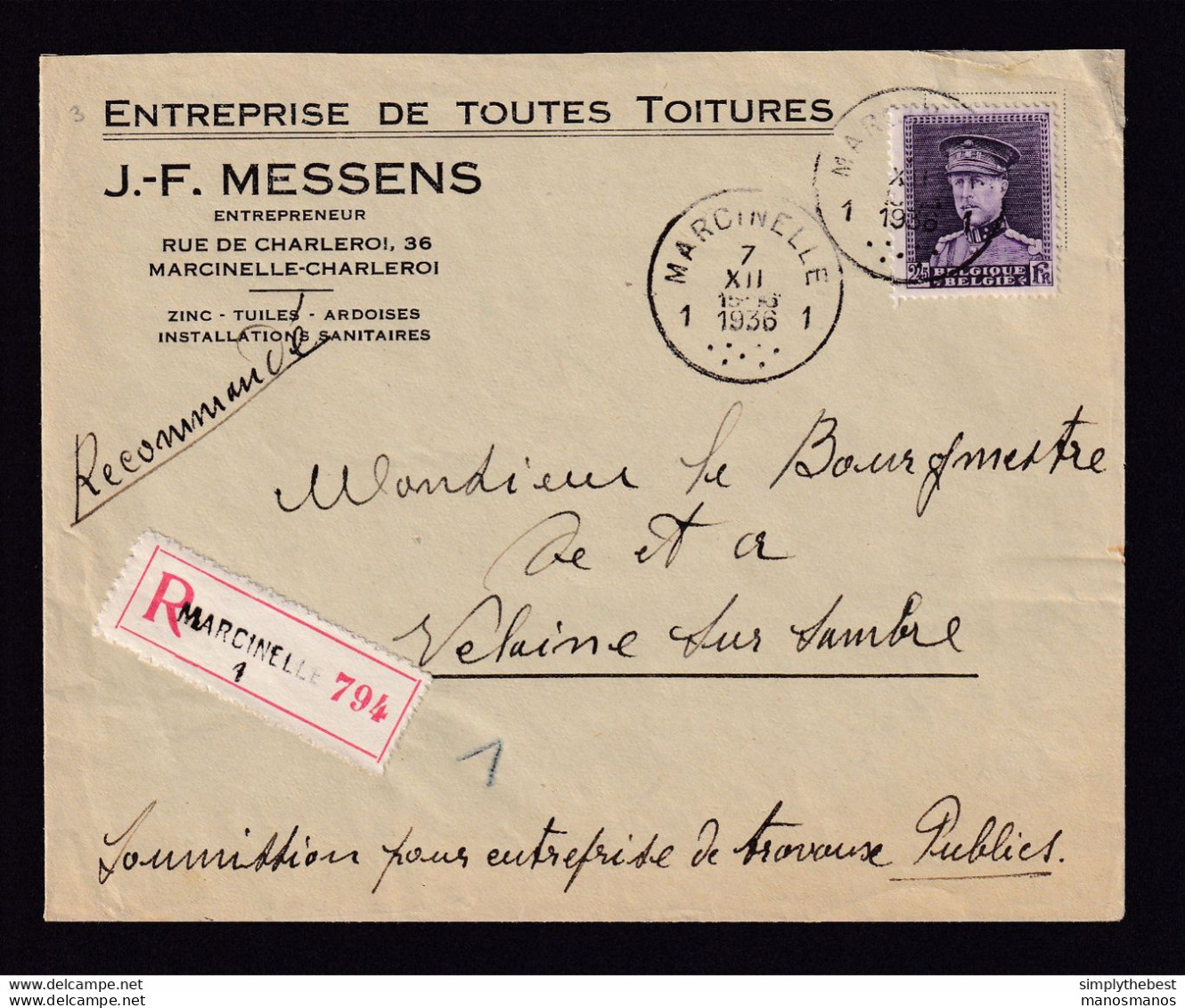 DDY 892 -- Courrier RECOMMANDE - Enveloppe TP Képi MARCINELLE 1936 Vers VELAINE Sur Sambre - Entete Toitures Messens - 1931-1934 Kepi