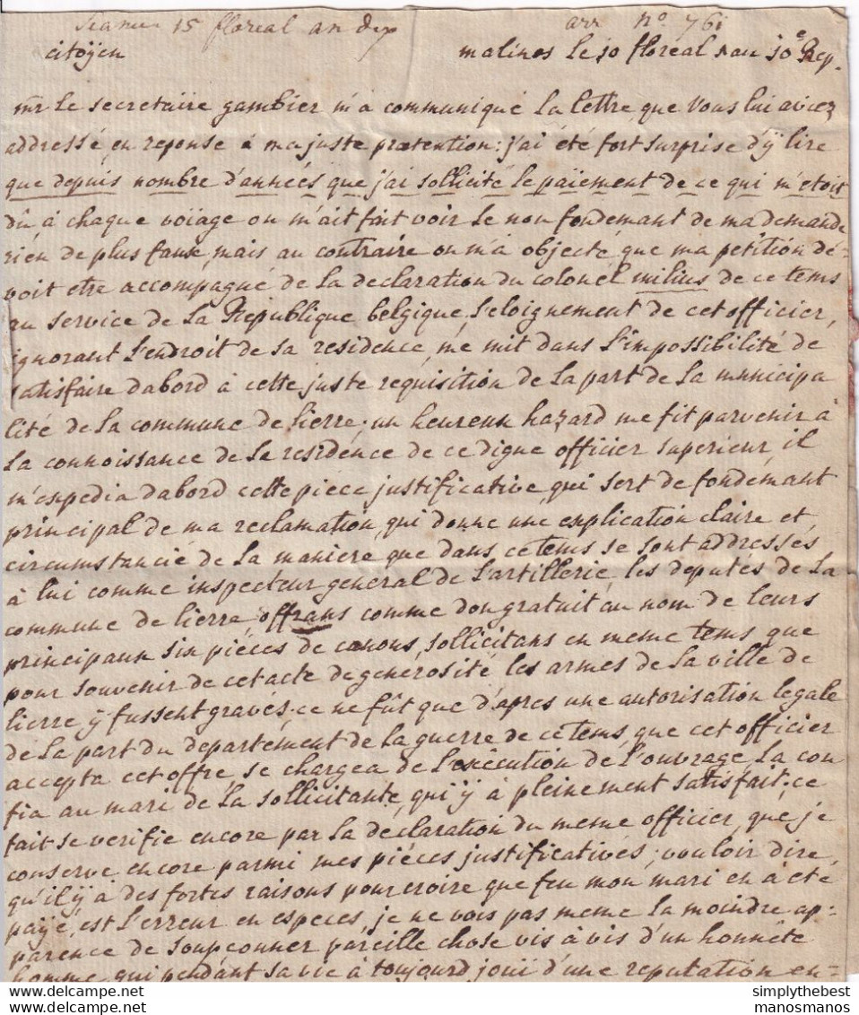 602/33 - Lettre Précurseur 93 MALINES An 10 Vers Vertommen , Maire De LIERRE - Signée Vve Fransquin - RARE  Port 2 1/2 - 1794-1814 (Periodo Frances)