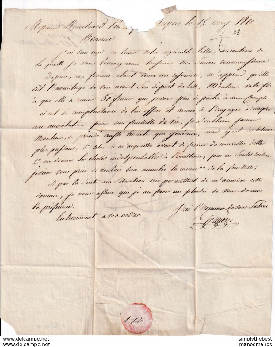 605/33 - Lettre Précurseur 96 EUPEN 1810 Vers BEAUNE - CANTONS DE L'EST - Texte Sur Le VIN - Signée Lefèvre - 1794-1814 (Période Française)