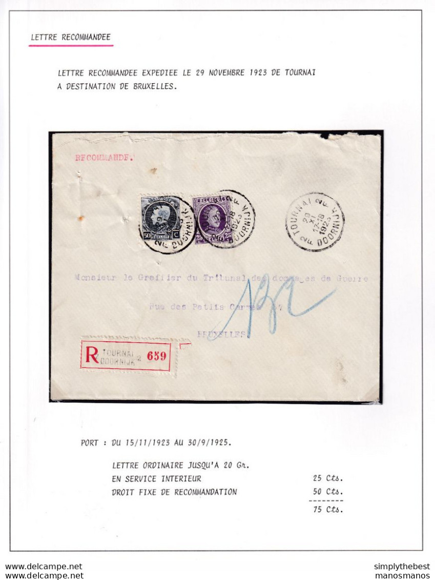 DDY 842 -- Courrier RECOMMANDE - Enveloppe TP Montenez + Houyoux TOURNAI 2 Vers BXL 1923 - Verso Fernand Jacmin , Avocat - 1921-1925 Small Montenez