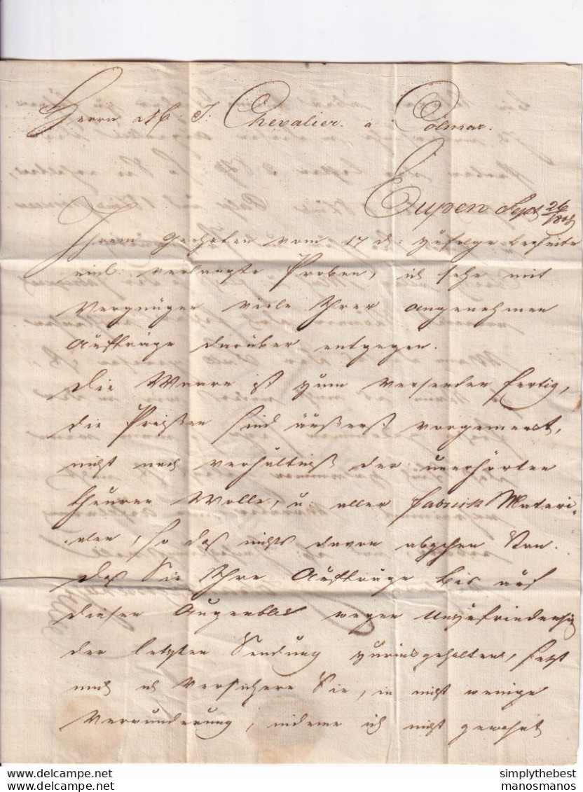 604/33 - Lettre Précurseur 96 EUPEN 1803 Vers COLMAR - Signée Johan Frennay - Lettre PESANTE 15 G , Port 18 Décimes - 1794-1814 (Periodo Francese)