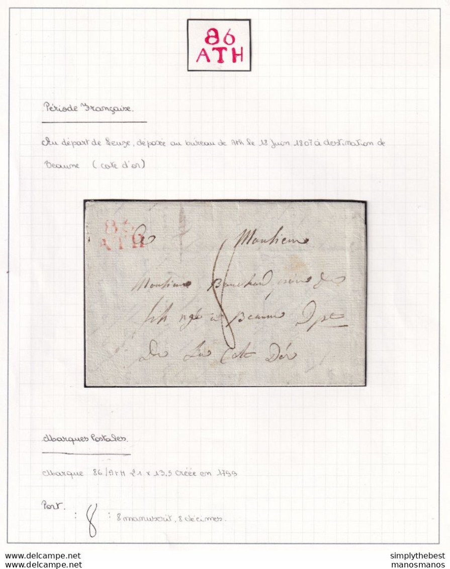 596/33 - Lettre Précurseur De LEUZE Via 86 ATH 1807 Vers Bouchard à BEAUNE - Contenu Sur Le VIN - Herlant 22 - 1794-1814 (Periodo Francese)