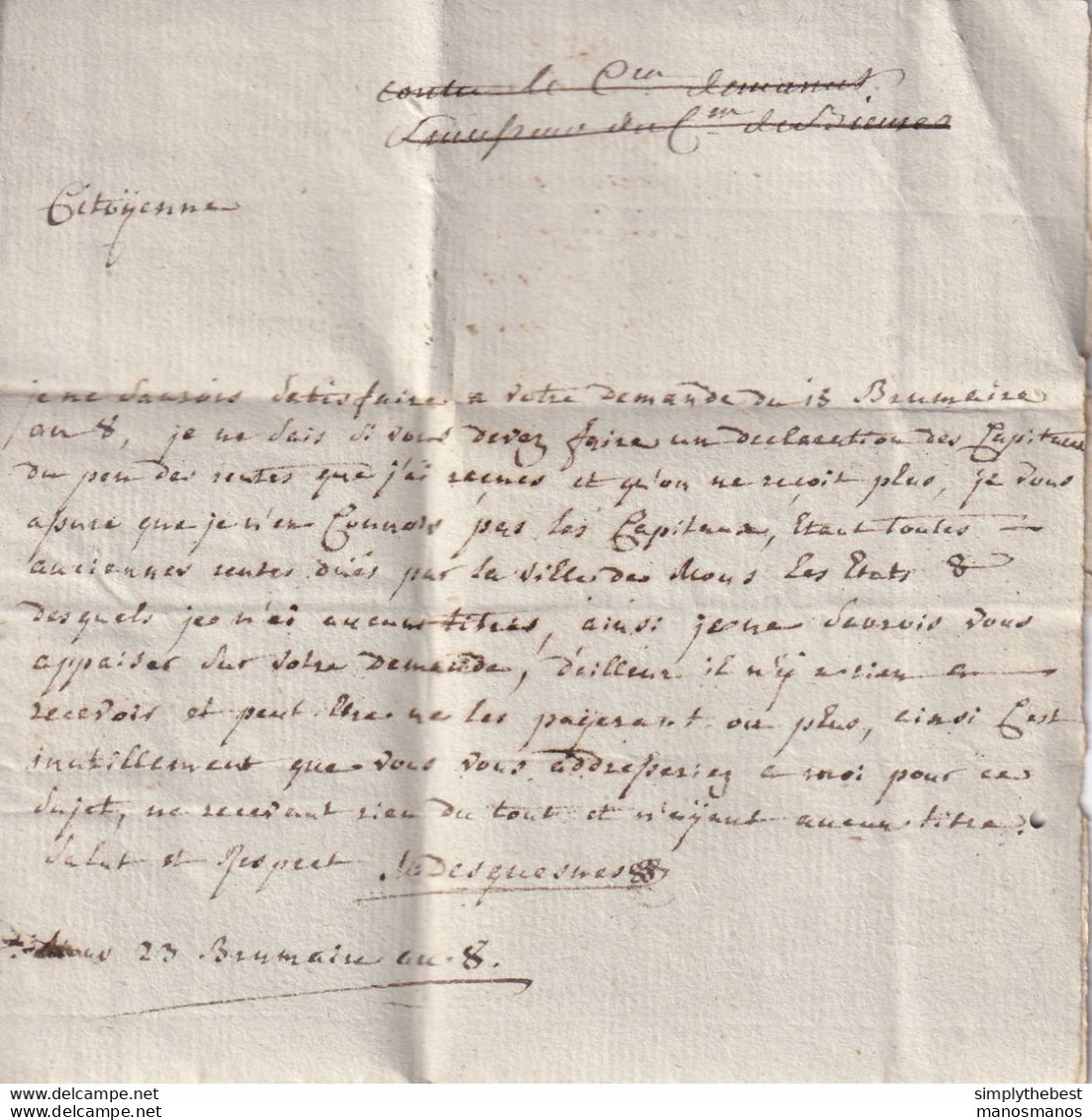 599/33 - Lettre Précurseur De 86 MONS An 8  Vers La Baronne De Jamblinnes D' Aoust à DOUAY - Herlant 36 - 1794-1814 (Periodo Frances)