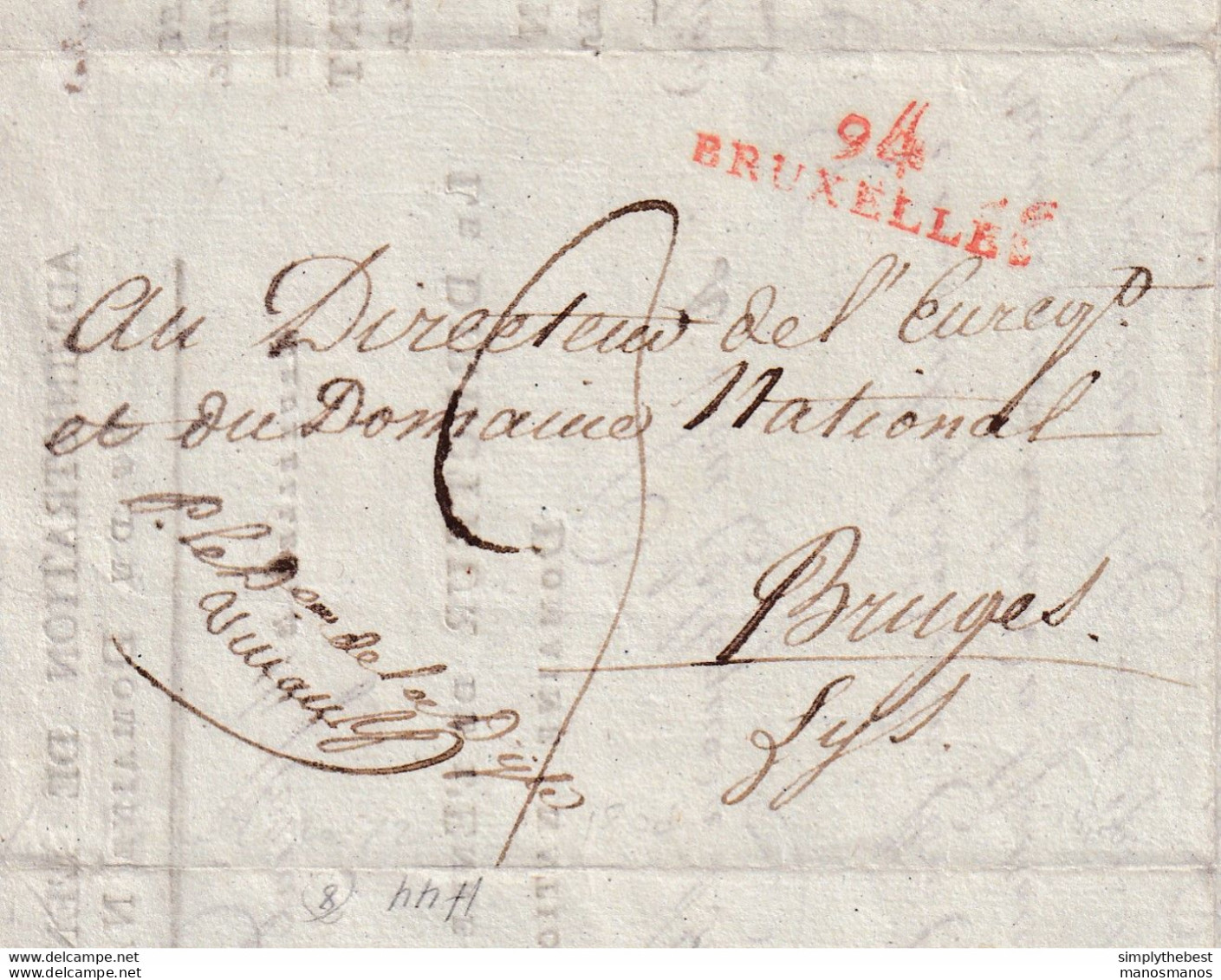 589/33 - Lettre Précurseur 94 BRUXELLES An 12 Vers BRUGES - Franchise Et Entete Le Directeur De L' Enregistrement - 1794-1814 (Période Française)