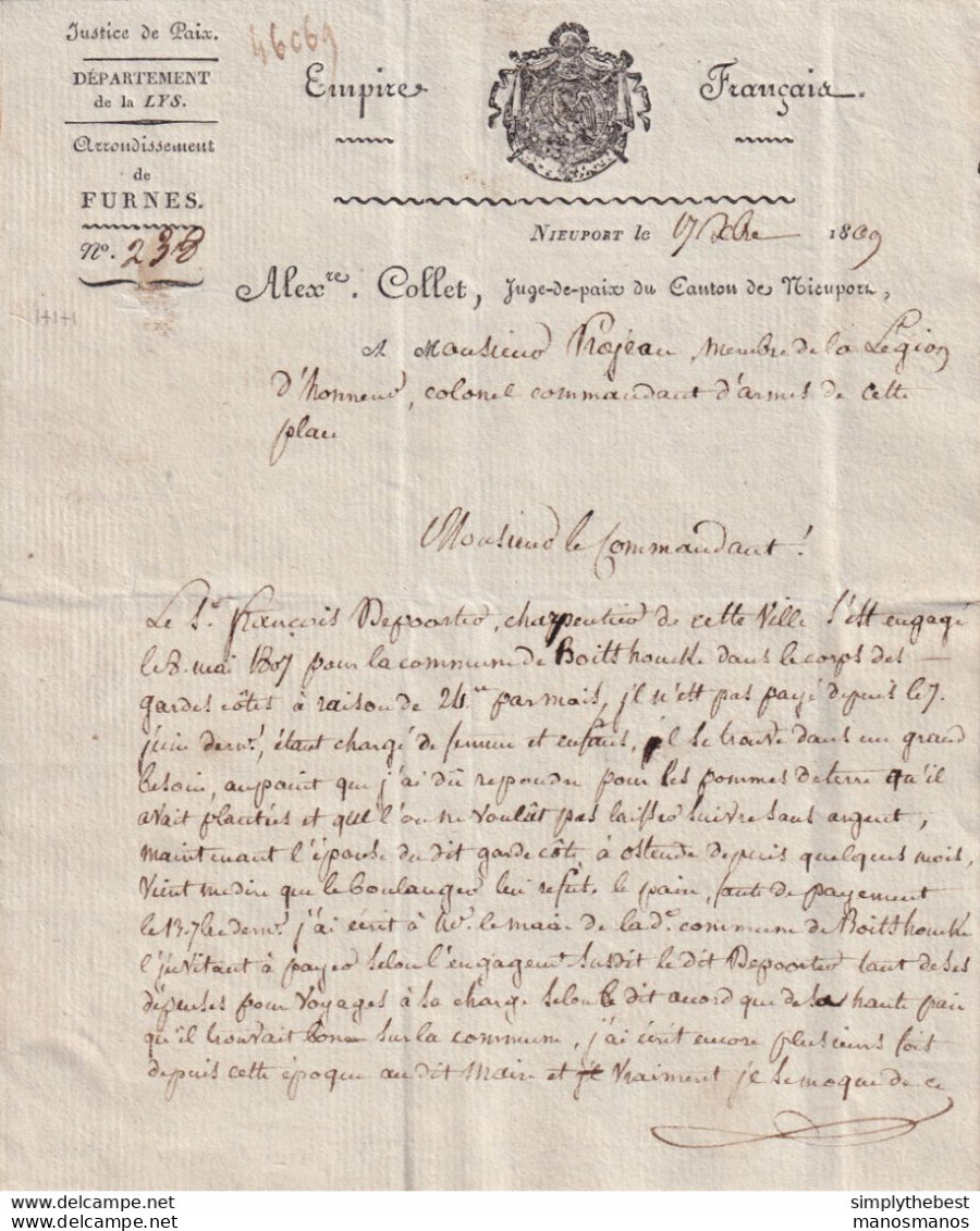 593/33 - Lettre Précurseur NIEUPORT 1809 En Locale - Entete Et Cachet De Alex Collet , Juge De Paix Du Canton - 1794-1814 (Periodo Francese)