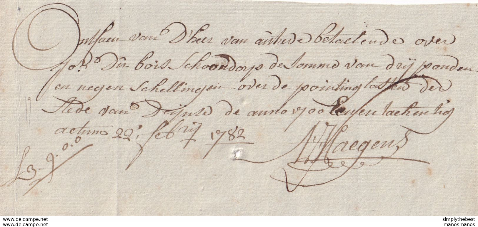 DDY 436 -- Reçu = Ontvangstbewijs Voor VAN OUTRIVE Over Du Bois Shoondorp  , DEYNZE 1782 - 1714-1794 (Paises Bajos Austriacos)