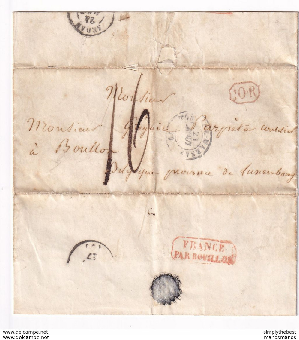 DDY 443 -- Lettre Précurseur MONT DE MARSAN 1847 Vers BOUILLON Via SEDAN - Entrée France Par Bouillon , Rayon 10 R - Bureaux De Passage