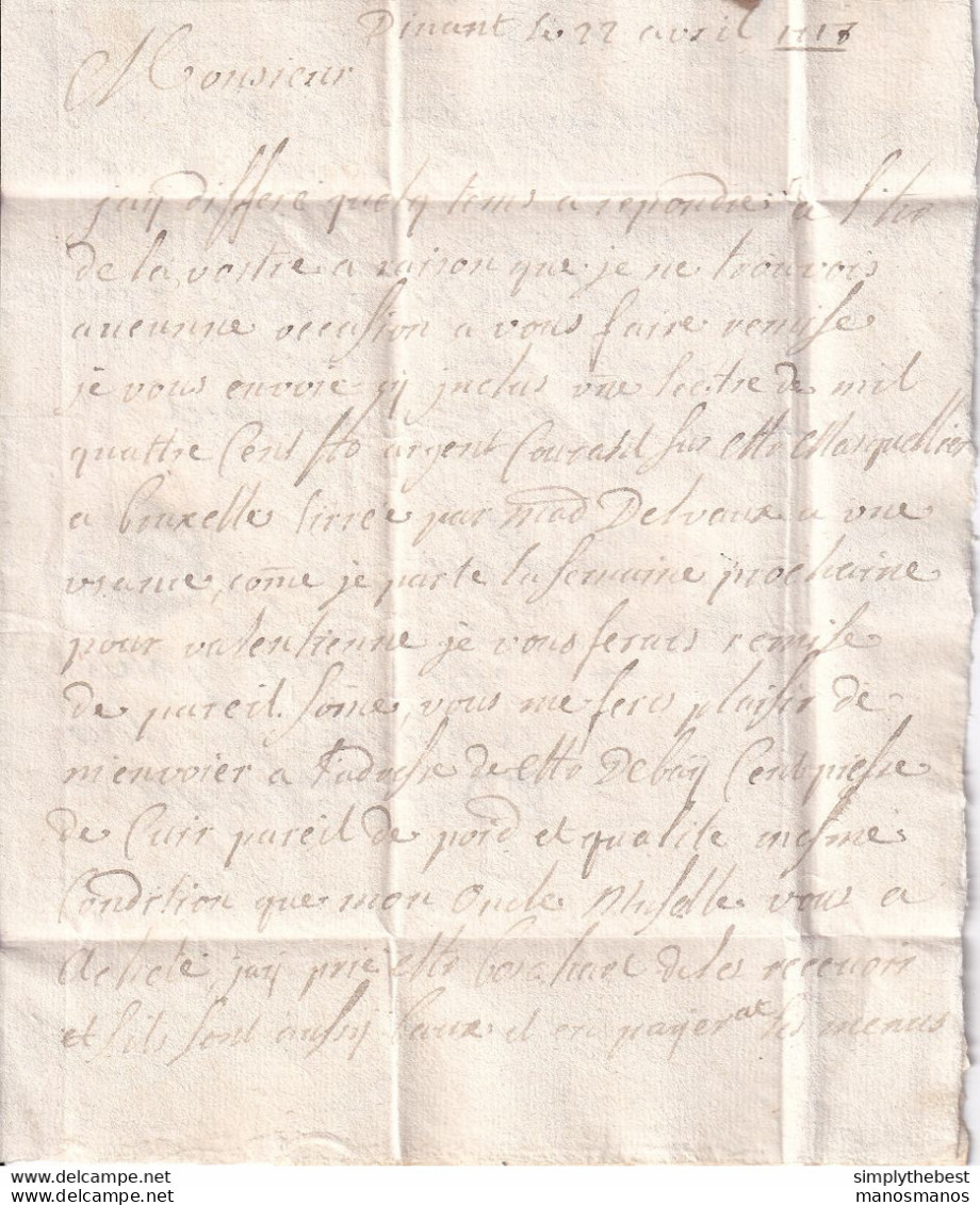 DDY 429 -- Lettre Précurseur DINANT 1718 à ANVERS - MESSAGER "Met Den Boden Van LATOUR" - Port 5 Barres à La Craie Rouge - 1714-1794 (Paises Bajos Austriacos)