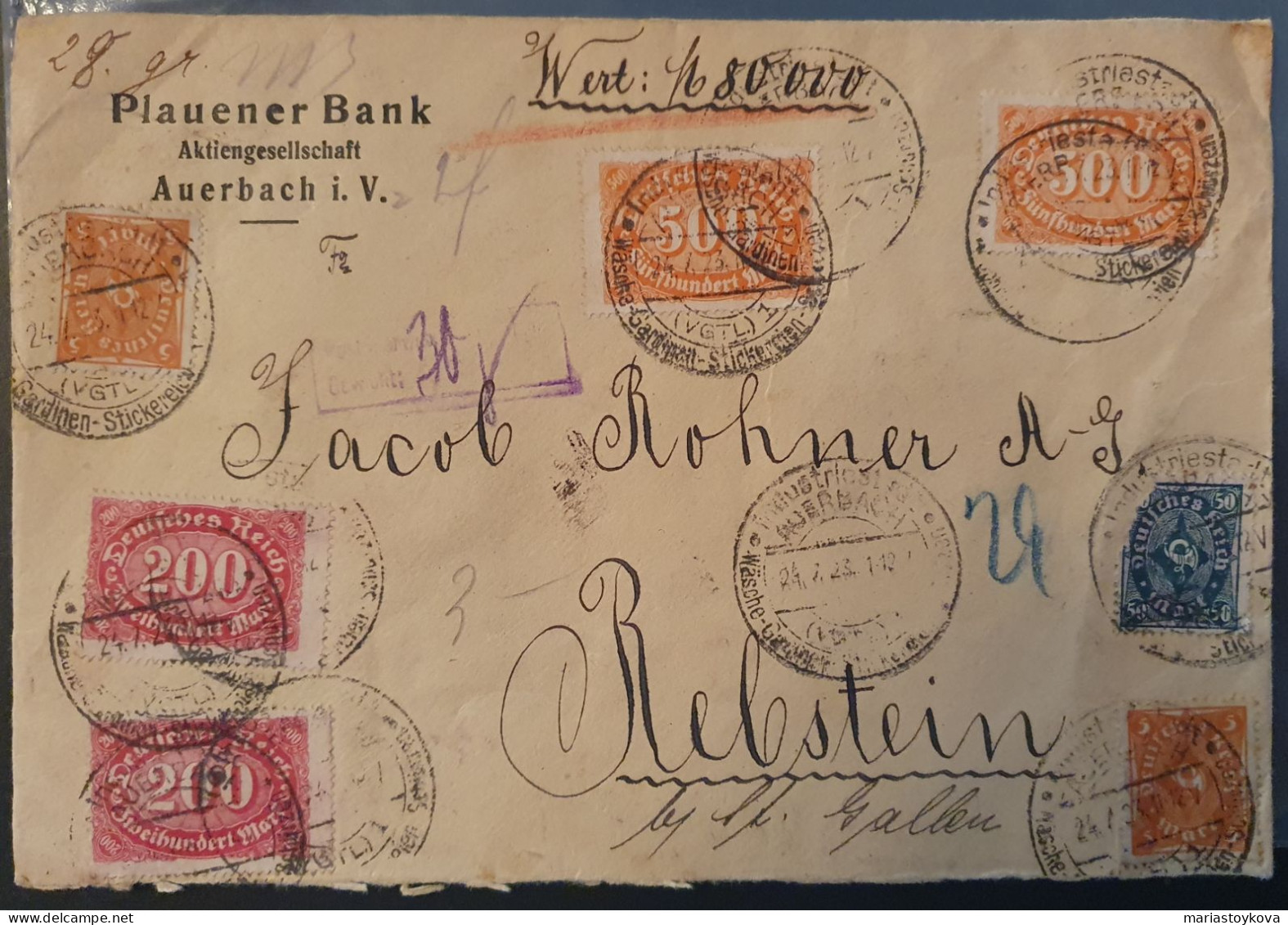 1923. Wertbrief 80.000 DM, Plauener Bank Auerbach I. V. Wachssiegel, Rebstein St. Gallen, Reichsfinanzverwaltung - Enveloppes