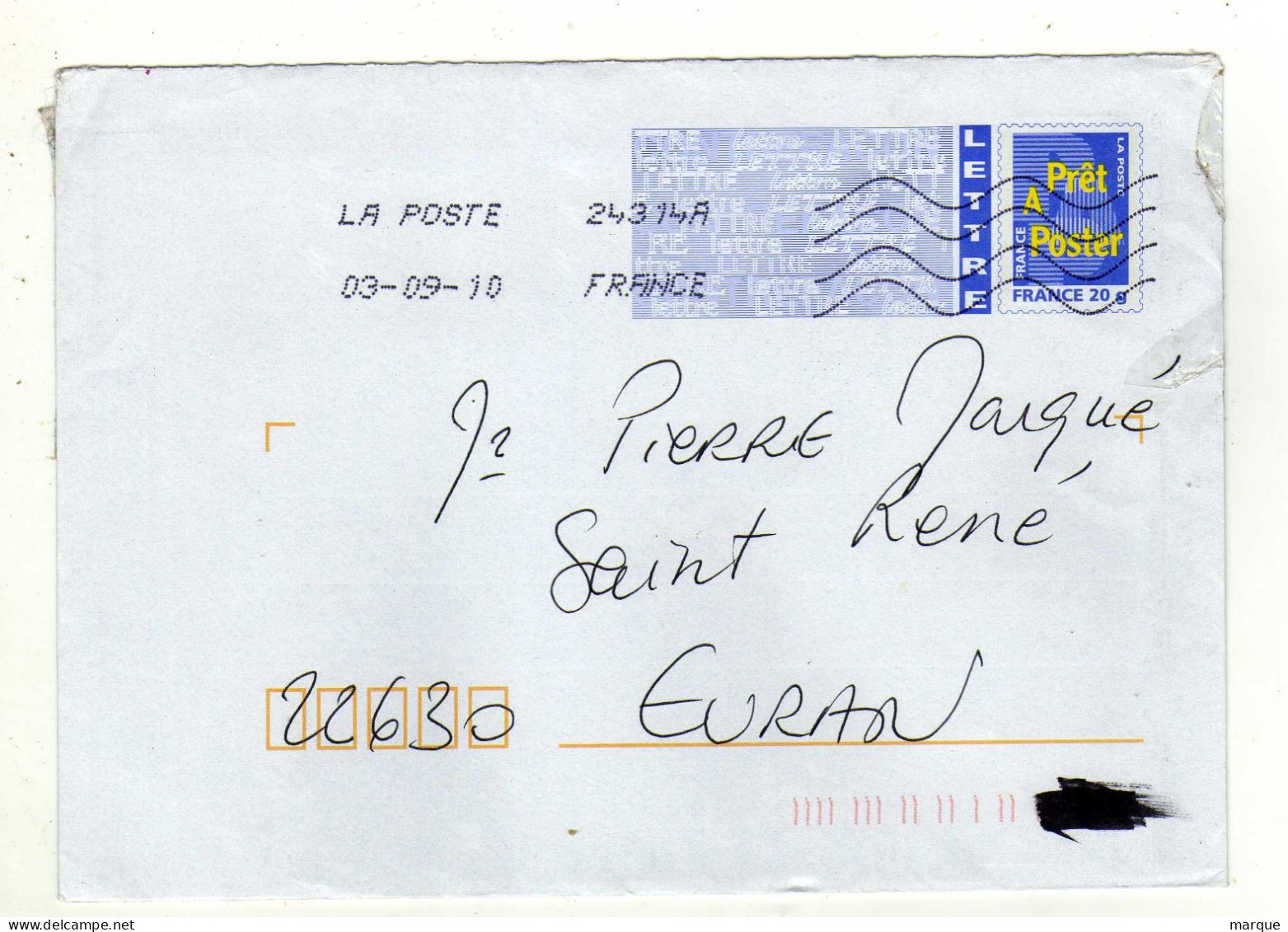 Enveloppe FRANCE Prêt à Poster Lettre 20g Oblitération LA POSTE 24314A 03/09/2010 - PAP: Aufdrucke/Blaues Logo
