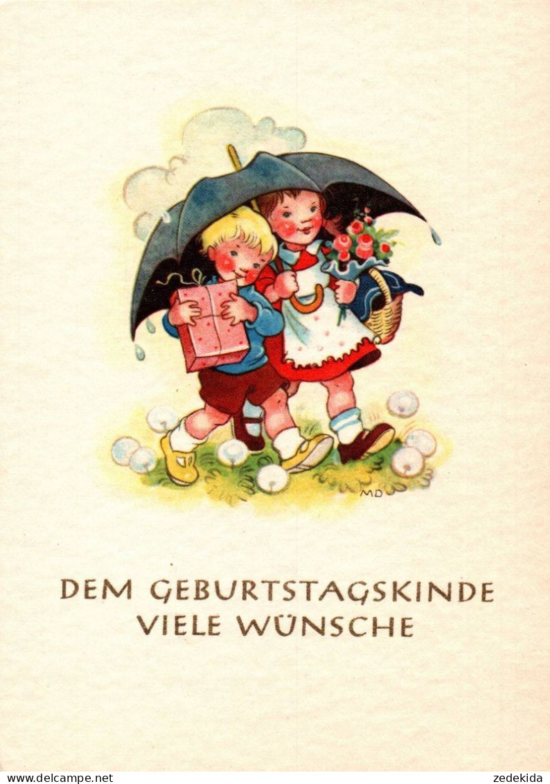 G7362 - Mariane Drechsel Glückwunschkarte Geburtstag - Kinder Regenschirm - Verlag Lederbogen Chemnitz DDR Grafik - Anniversaire