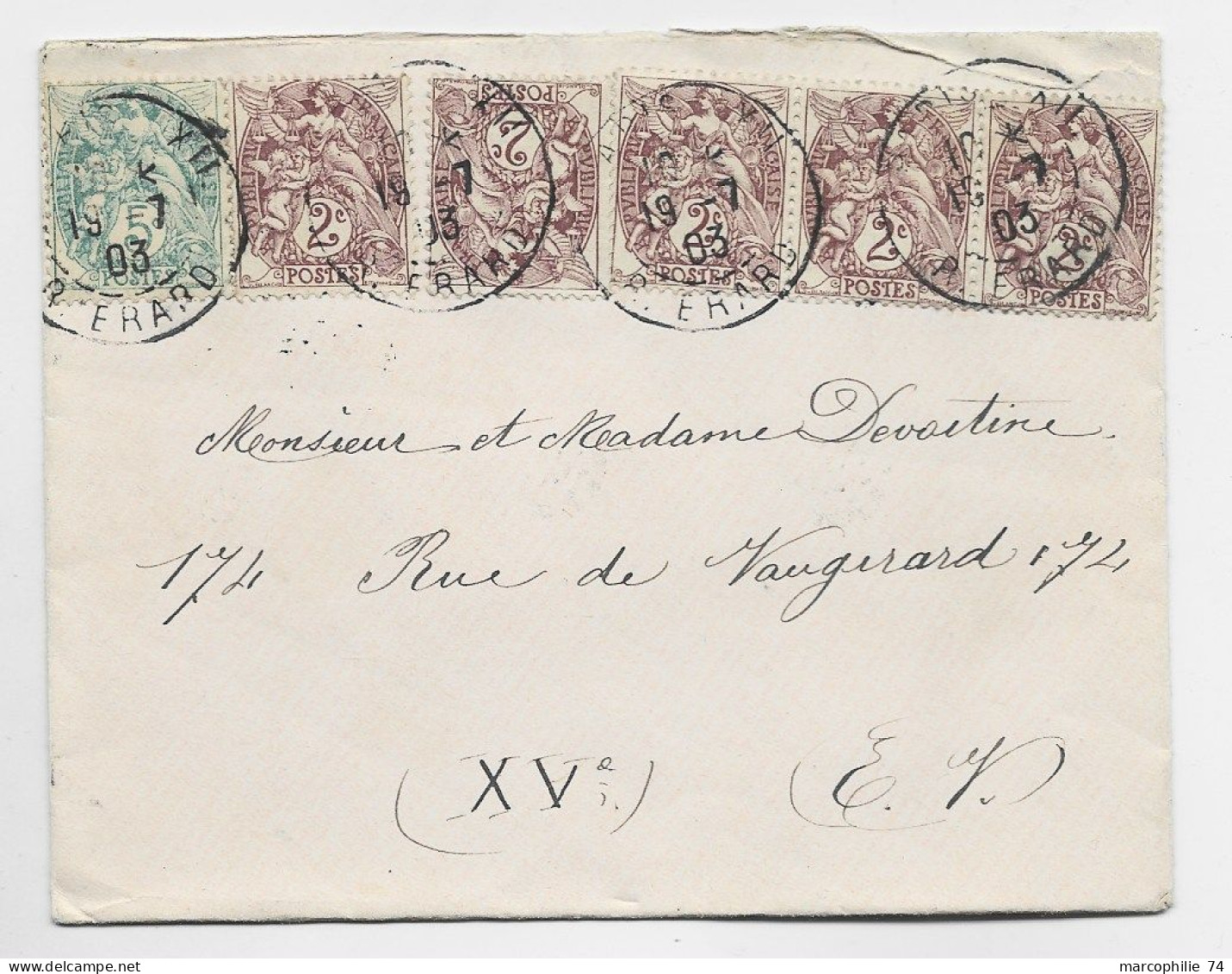 BLANC 2CX5+5C LETTRE PARIS XII 19.7.1903 R ERARD AU TARIF - 1900-29 Blanc