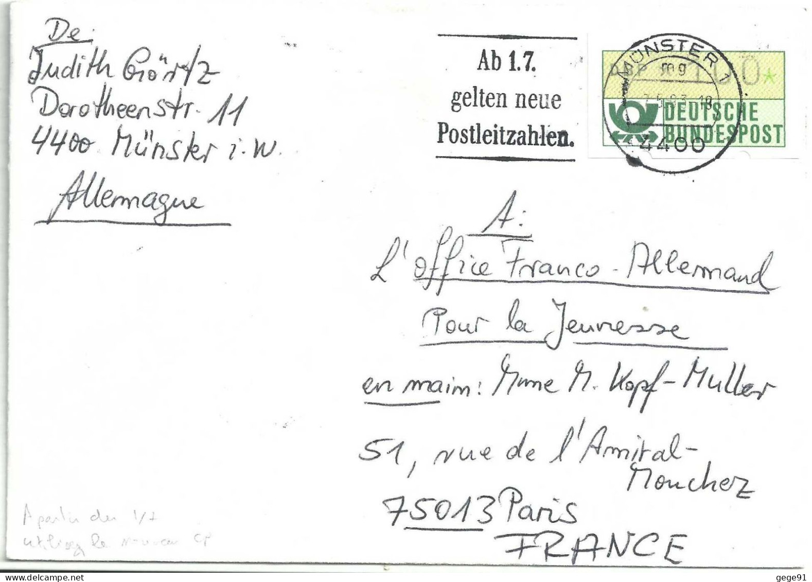 Mise En Application Du Nouveau Code Postal Allemand à 5 Chiffres Le 1er Juillet - Lettre Pour La France - Postleitzahl