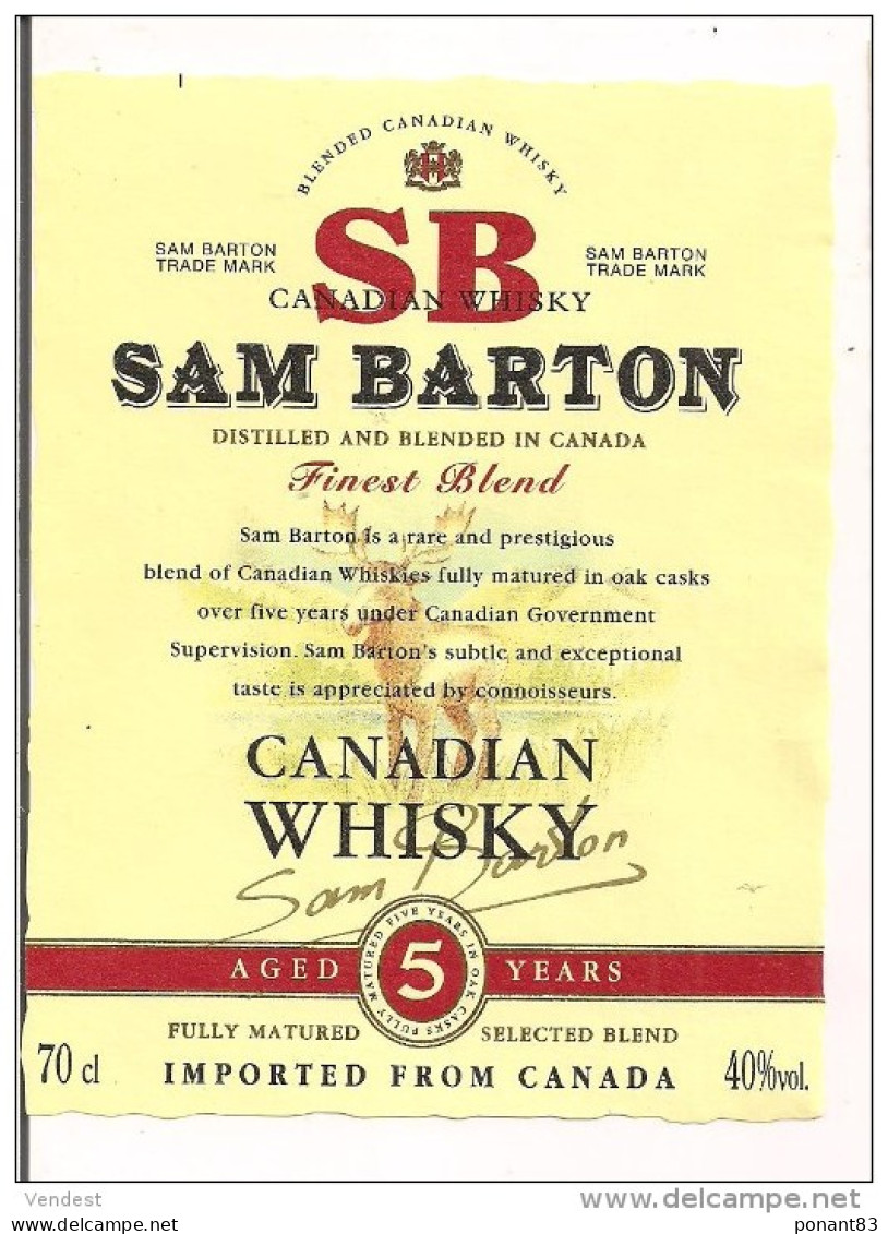 Etiquette Décollée  WHISKY Canadien SB Sam Barton - Canada - - Whisky