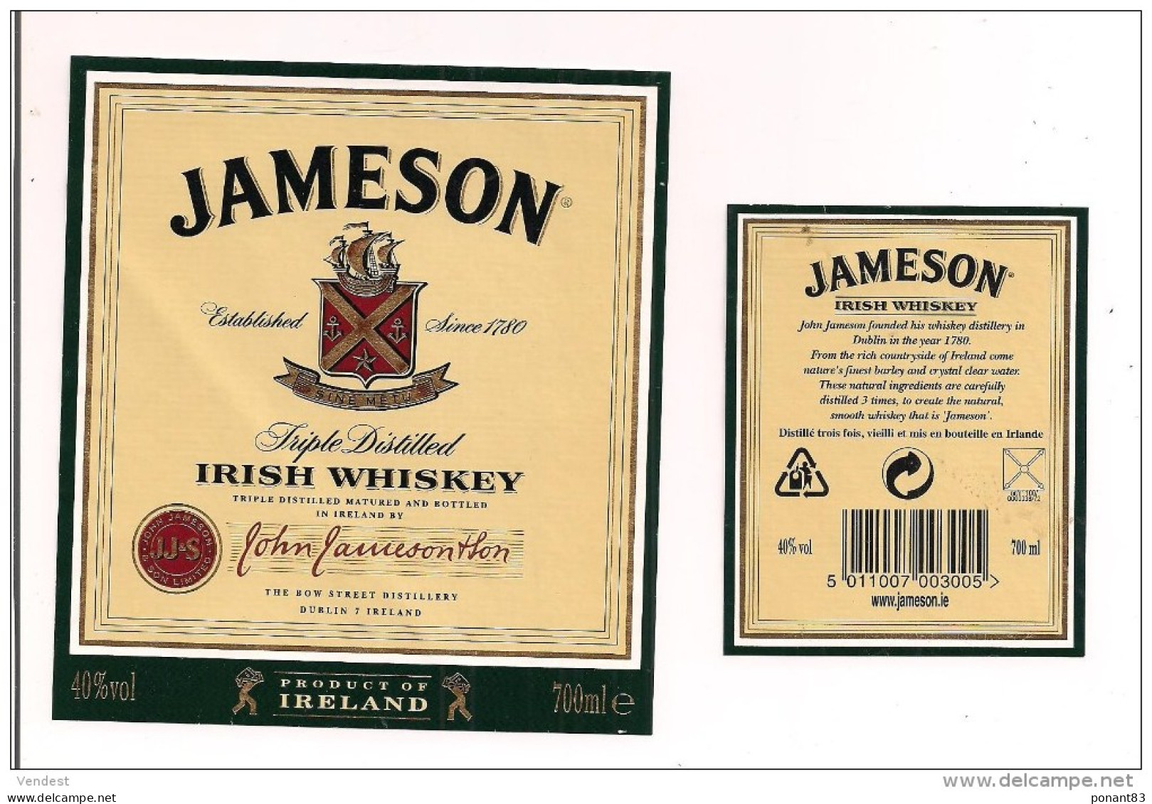 Etiquette Décollée  WHISKY Jameson  -Irish Whiskey - Irelande - - Whisky