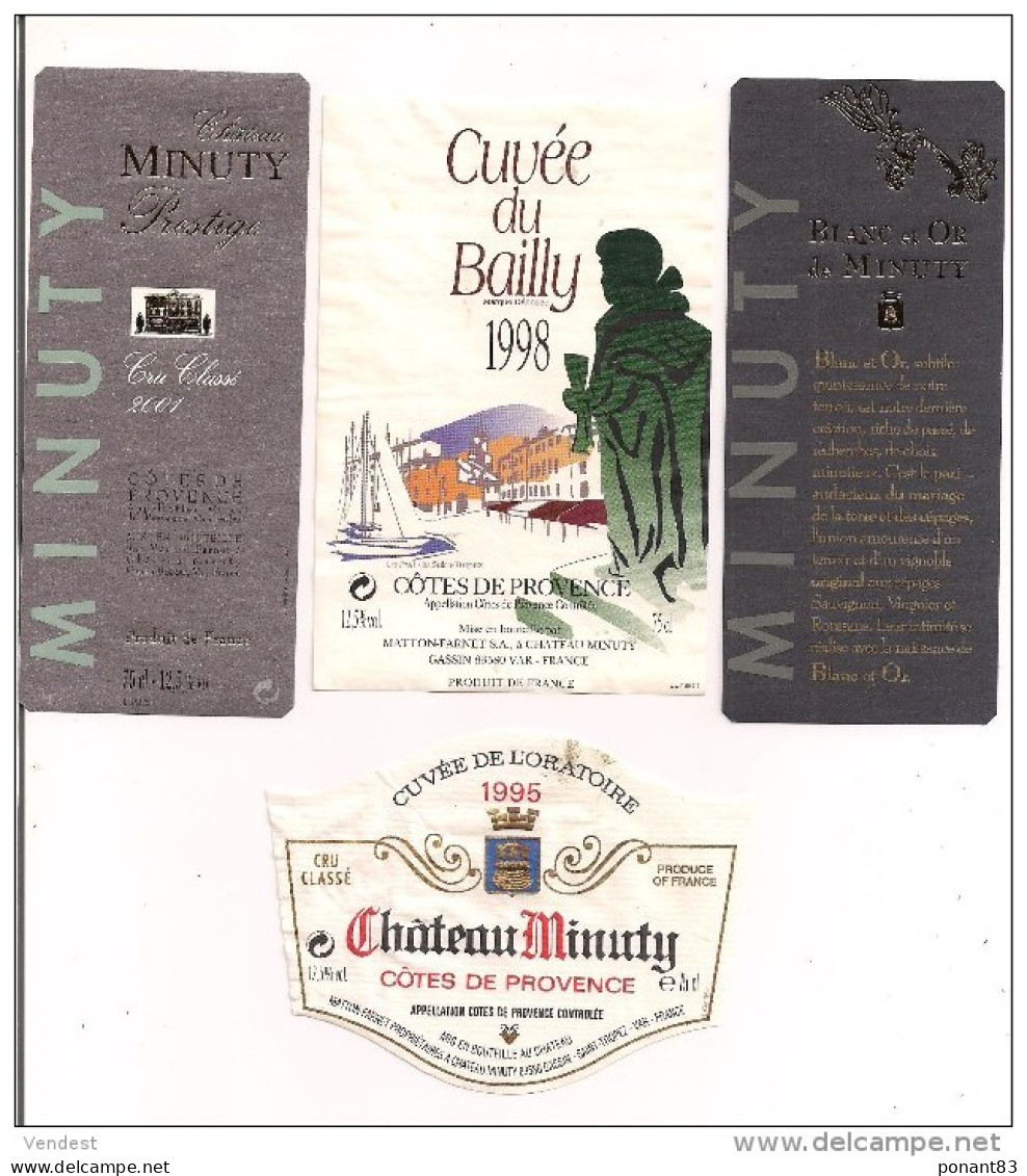 Etiquettes Neuves Et Décollées Châteua MINUTY 1995, 1998 Et 2001 Prestige, Blanc Et Or, Cuvée Du Bailly Et De L'Oratoire - Rosés