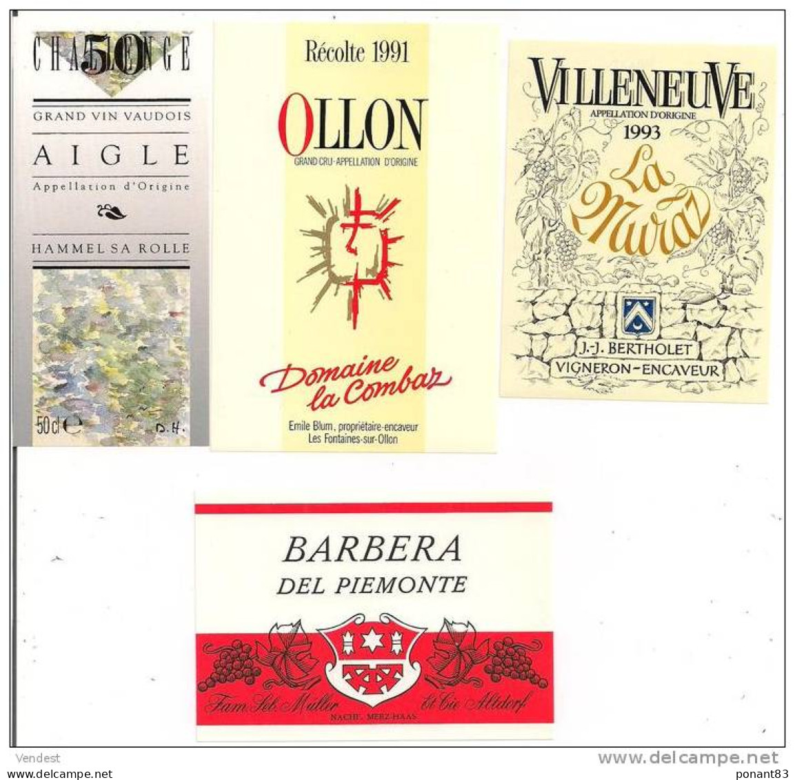 Etiquettes Vin De Suisse, Aigle Hammel, Ollon 1991, Villeneuve 1993 Et Barbera Del Piemonte - - Lots & Sammlungen