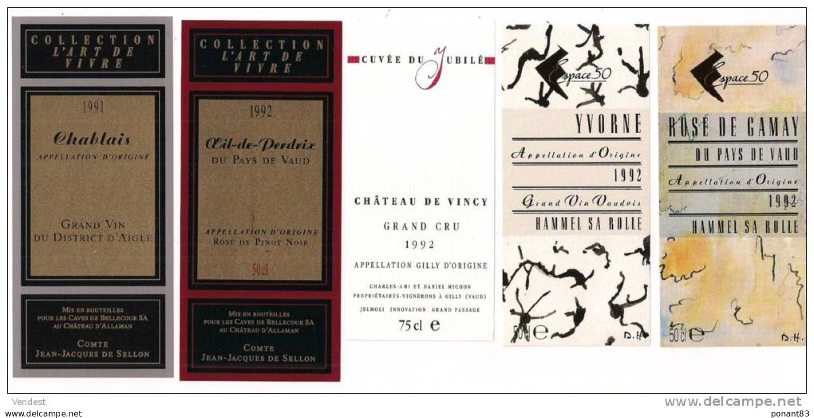 Etiquettes Vin De Suisse : Chablais 1991, Oeil De Perdrix 1992, Château Vincy 1992, Yvorne Et Rosé Gamay 1992 - - Verzamelingen, Voorwerpen En Reeksen