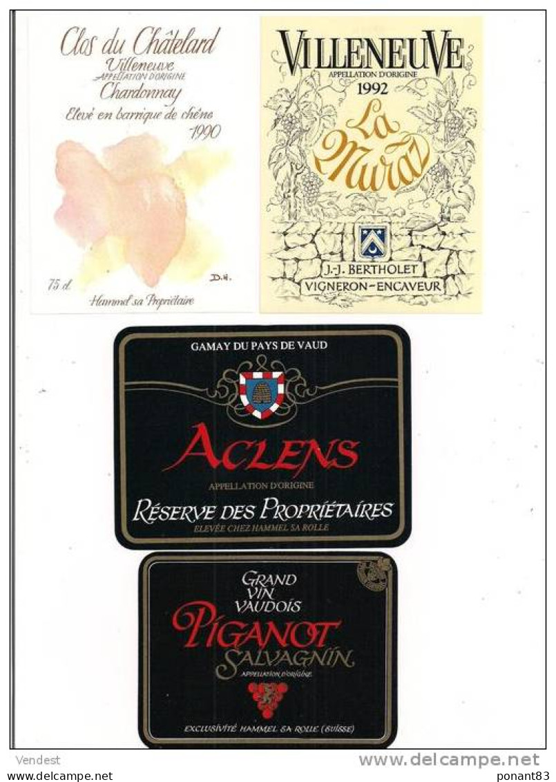 Etiquettes Vin De Suisse, Canton De Vaud : Clos Du Châtelard 1990, Villeneuve 1992, Aclens Gamay Et Piganot Salvagnin - - Verzamelingen, Voorwerpen En Reeksen