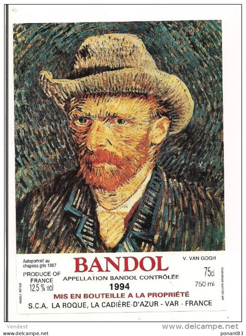 Etiquette BANDOL 1994 - Série  Van Gogh : Autoportait Au Chapeau Gris 1887 -- - Art